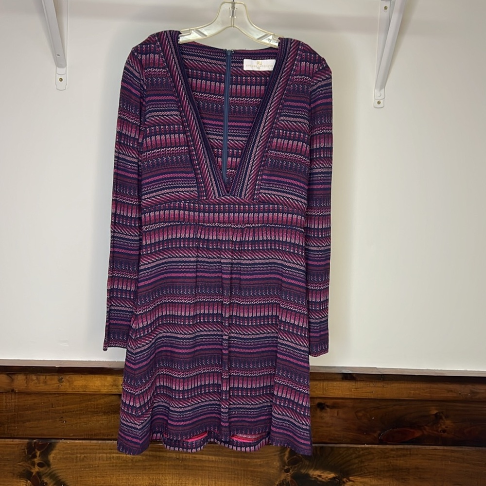 Amanda Uprichard Paxton Plunge V-Neck Mini Dress in Juniper Stripe Purple- Small